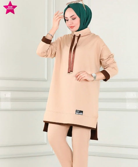 Turkish Tunnel 2 Piece Set Tunic + Pant Beige - USA Hijab World