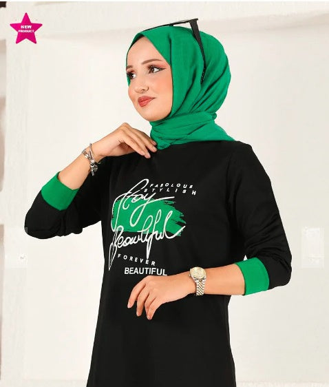 Turkish 2Pcs Hooded Long Sleeve Tunic Set Black Green - USA Hijab World