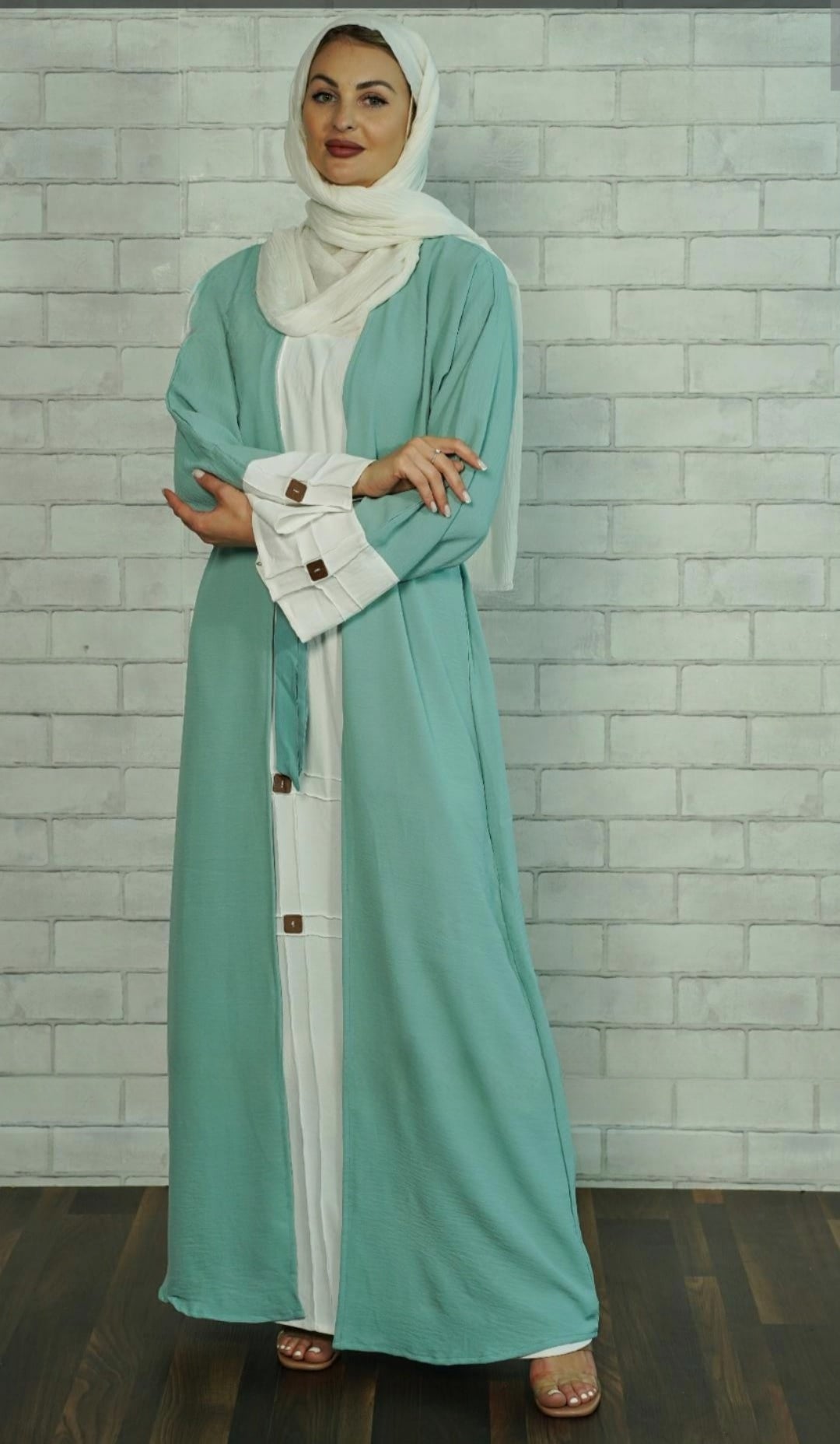 Dubai Long Sleeve open Abaya with Attached Cotton Long Basic Green - USA Hijab World