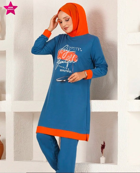 Turkish 2Pcs Hooded Long Sleeve Tunic Set Orange Blue - USA Hijab World