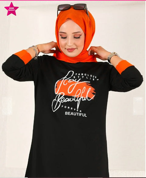 Turkish 2Pcs Hooded Long Sleeve Tunic Set Orange Black - USA Hijab World