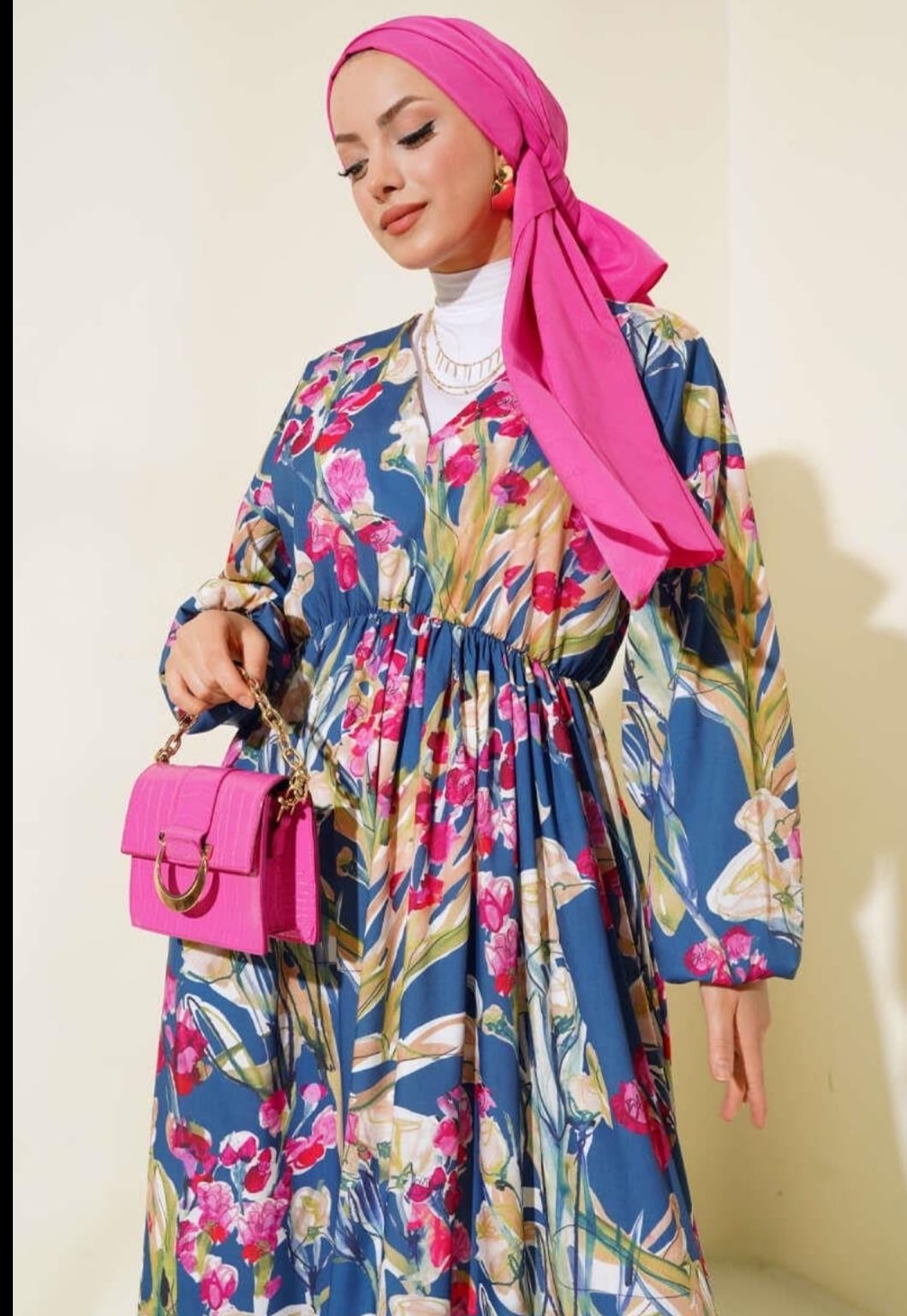 Turkish Patterned V Neck Cotton Dress Blue USA Hijab World Turkish Patterned V Neck Cotton Dress Blue USA Hijab World