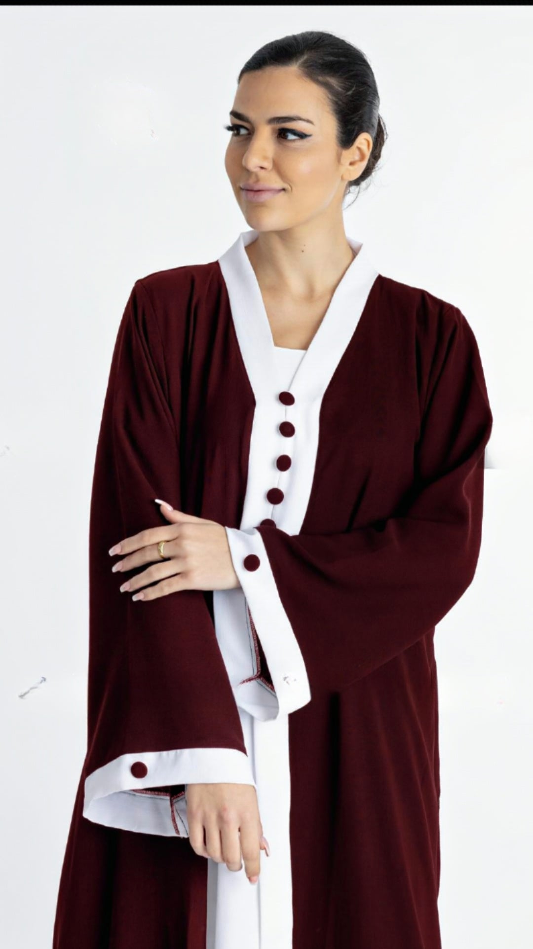 Dubai Shrug Abaya With Show Buttons On Front And Sleeves In Maroon - USA Hijab World