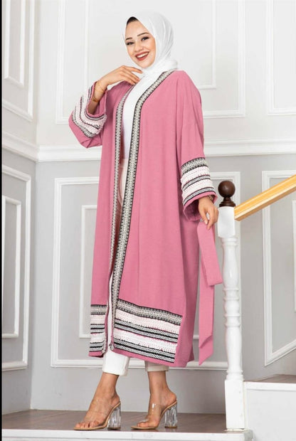 Turkish Aylin Patterned Open Cardigan Kimono Pink - USA Hijab World