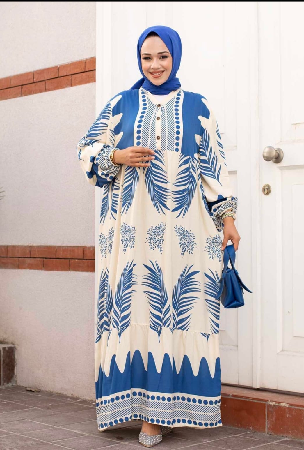 .Turkish Melike Patterned Viscous Dress Blue - USA Hijab World