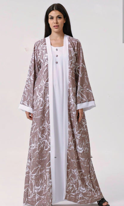 Dubai Shrug Abaya With Abstract Print In Brown - USA Hijab World