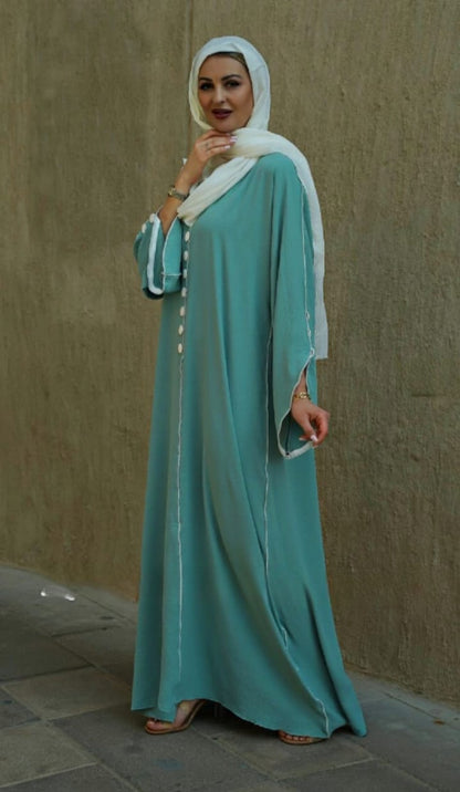 Dubai Abaya with White Piping and Show Buttons on the Front and Sleeves in Turquoise - USA Hijab World