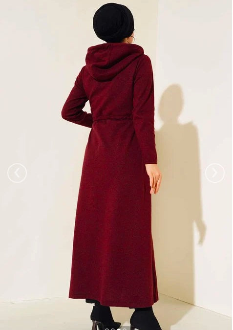 Turkish Hooded Zippered Winter Claret Abaya - USA Hijab World