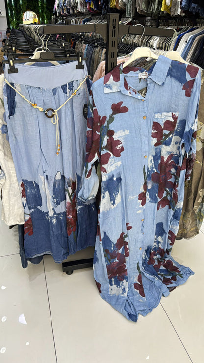 Italian Linen Dress Set with wide Pants Blue