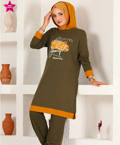 Turkish 2Pcs Hooded Long Sleeve Tunic Set Orange Olive - USA Hijab World