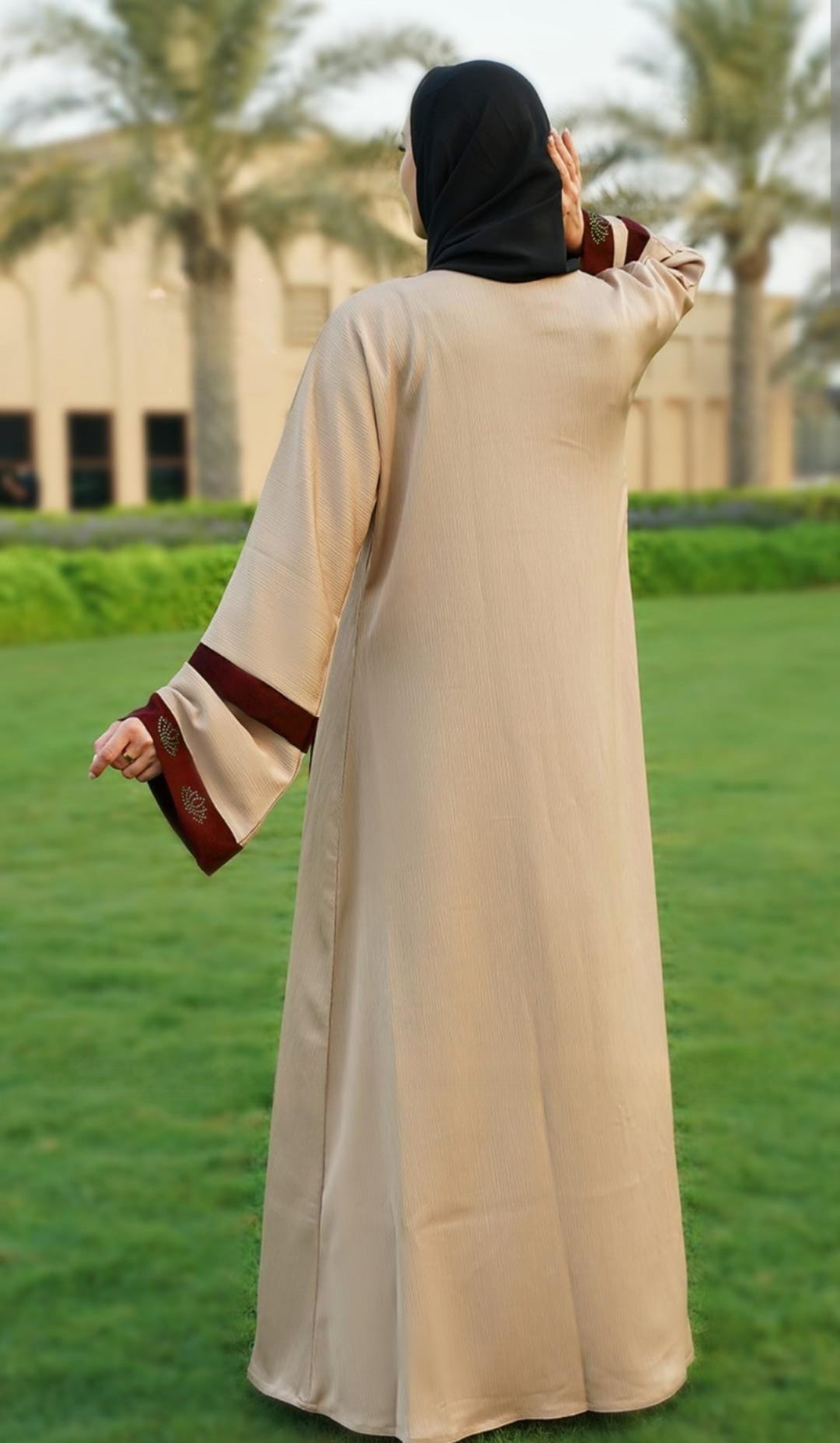 Dubai Masha Crepe Dark Maroon Abaya With an Attached Cream Shrug - USA Hijab World