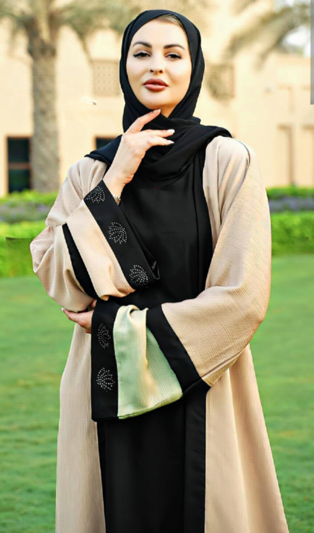 Masha Crepe Dark Maroon Abaya With an Attached Cream Shrug In CEY. - USA Hijab World