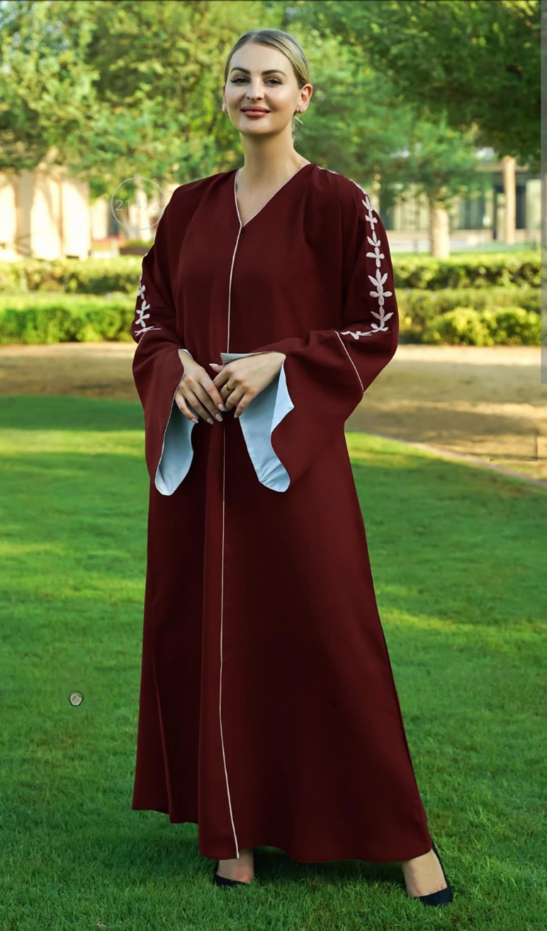 Dubai Abaya With Embroidery Work On Sleeve With Piping In Maroon - USA Hijab World