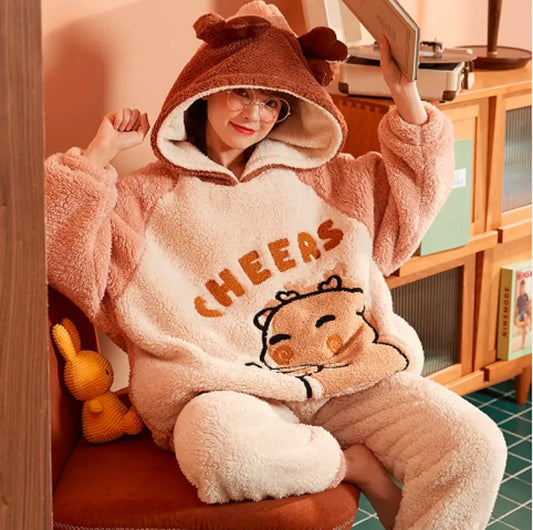 Winter Warm Thick Oversize Hooded Cheese Pajama Set - USA Hijab World