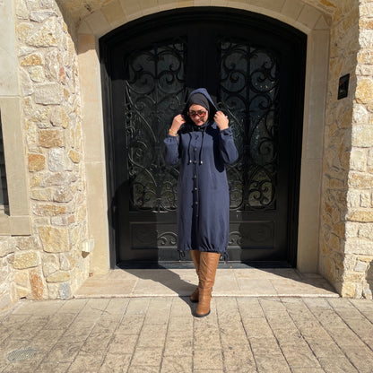 Hijab Turkish winter outfit with Hood Navy Blue