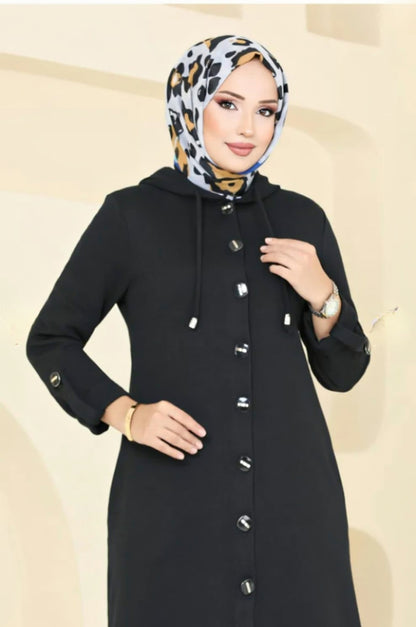 Turkish Long Sleeve Buttoned Overcoat Black - USA Hijab World