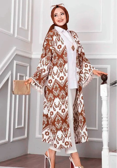 Turkish Hijab Cardigan Brown with Tassel Detail on Sleeves - USA Hijab World