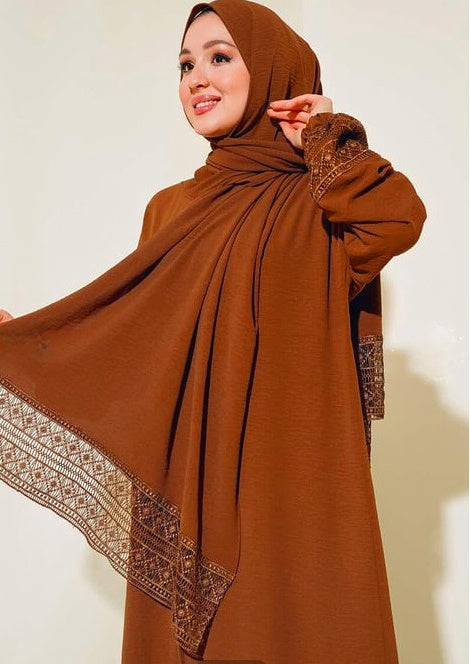 Turkish Model Sleeve Lace Zippered Abaya with Attached Shawl Brown - USA Hijab World