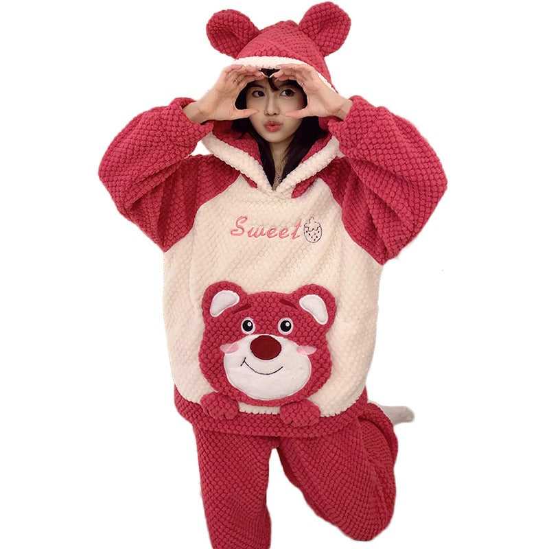 Winter Warm Thick Oversized Happy Bear Hooded Pajama Set - USA Hijab World