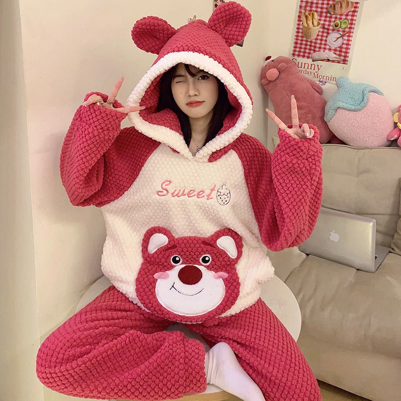 Winter Warm Thick Oversized Happy Bear Hooded Pajama Set - USA Hijab World