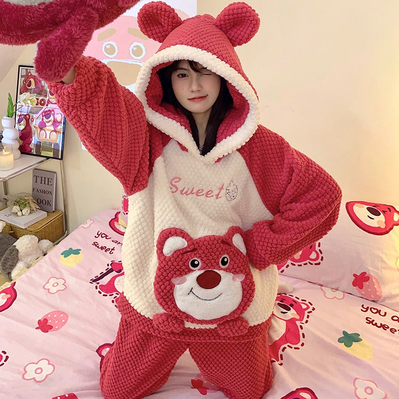 Winter Warm Thick Oversized Happy Bear Hooded Pajama Set - USA Hijab World