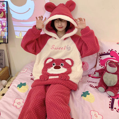 Winter Warm Thick Oversized Happy Bear Hooded Pajama Set - USA Hijab World