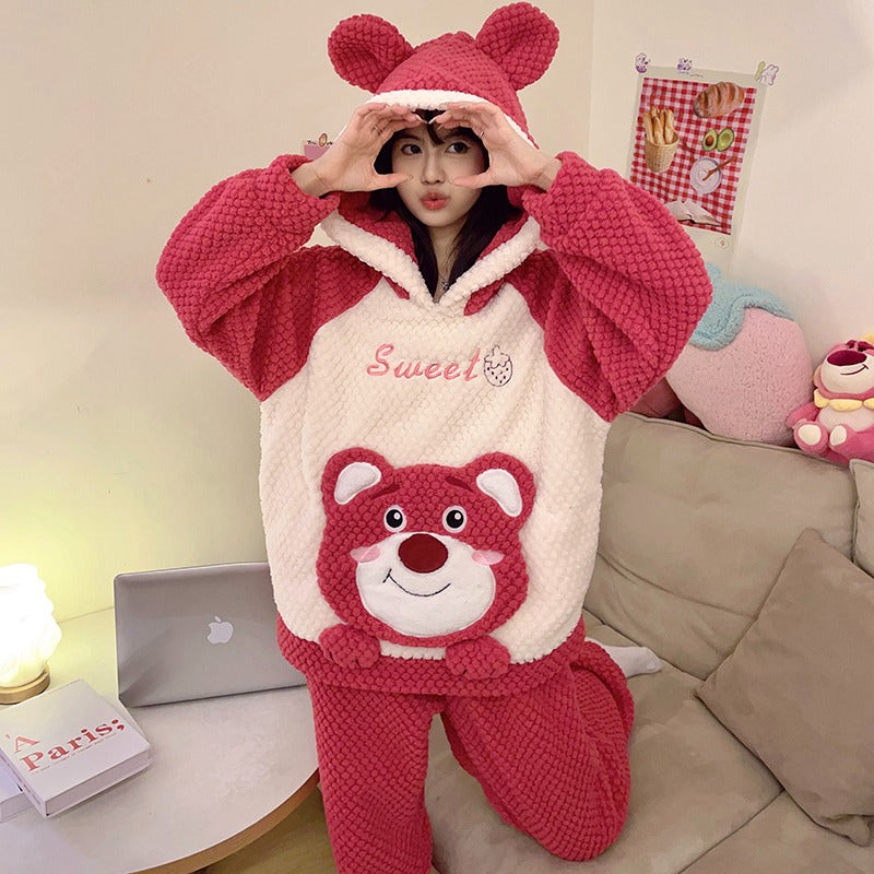 Winter Warm Thick Oversized Happy Bear Hooded Pajama Set - USA Hijab World