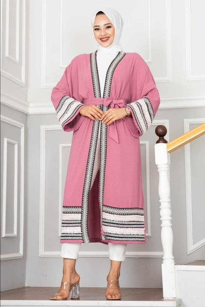 Turkish Aylin Patterned Open Cardigan Kimono Pink - USA Hijab World