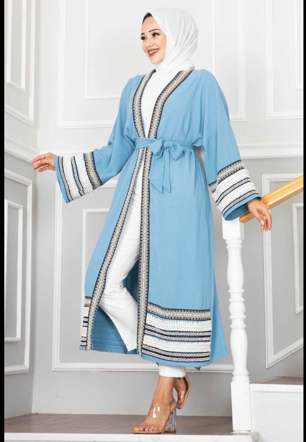 Turkish Aylin Patterned Open Cardigan Kimono Blue - USA Hijab World