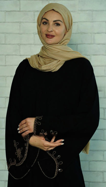 Black Masha Crepe Abaya with Golden Beads on the Sleeves and Back. - USA Hijab World