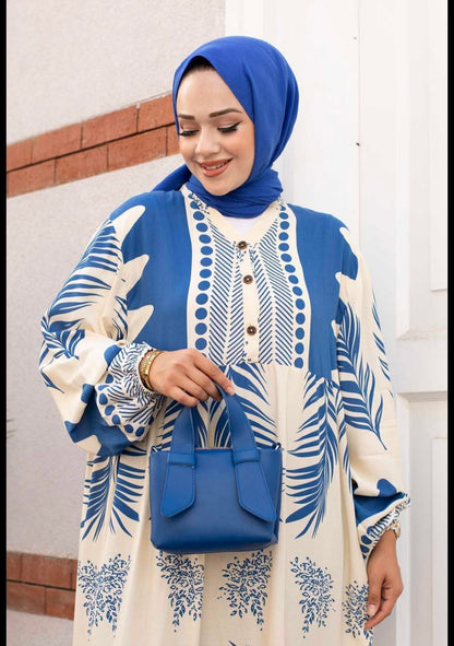 .Turkish Melike Patterned Viscous Dress Blue - USA Hijab World