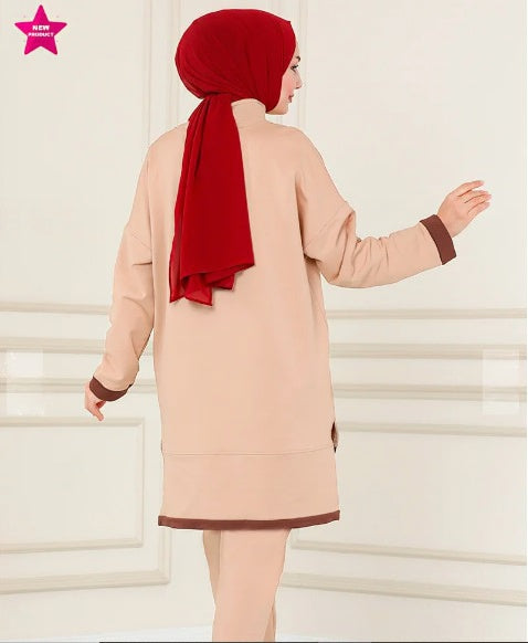 Turkish Tunnel 2 Piece Set Tunic + Pant Dark Beige - USA Hijab World