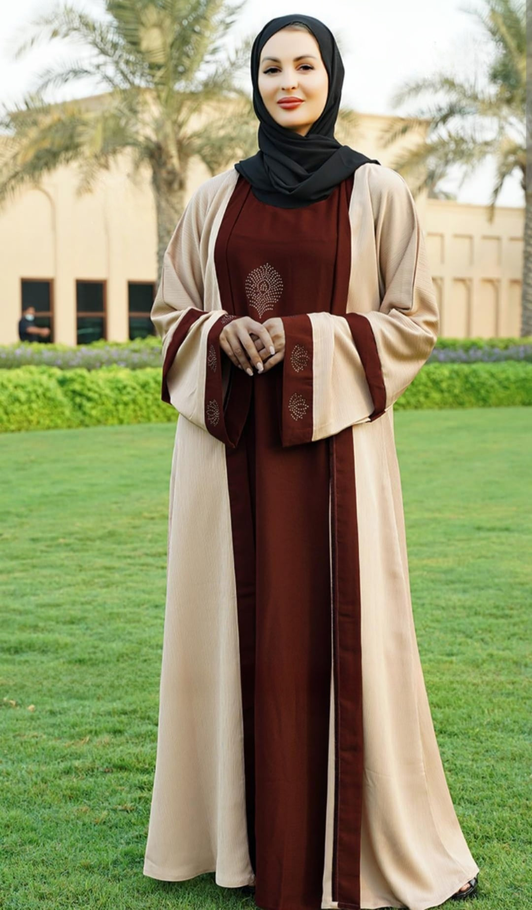 Dubai Masha Crepe Dark Maroon Abaya With an Attached Cream Shrug - USA Hijab World