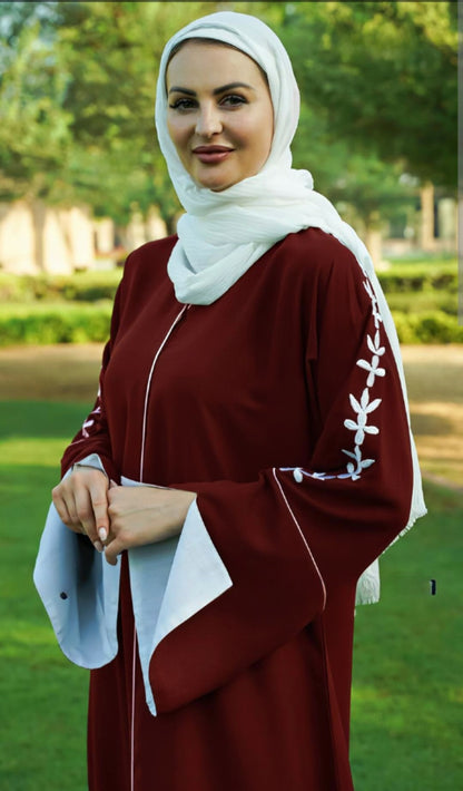 Dubai Abaya With Embroidery Work On Sleeve With Piping In Maroon - USA Hijab World