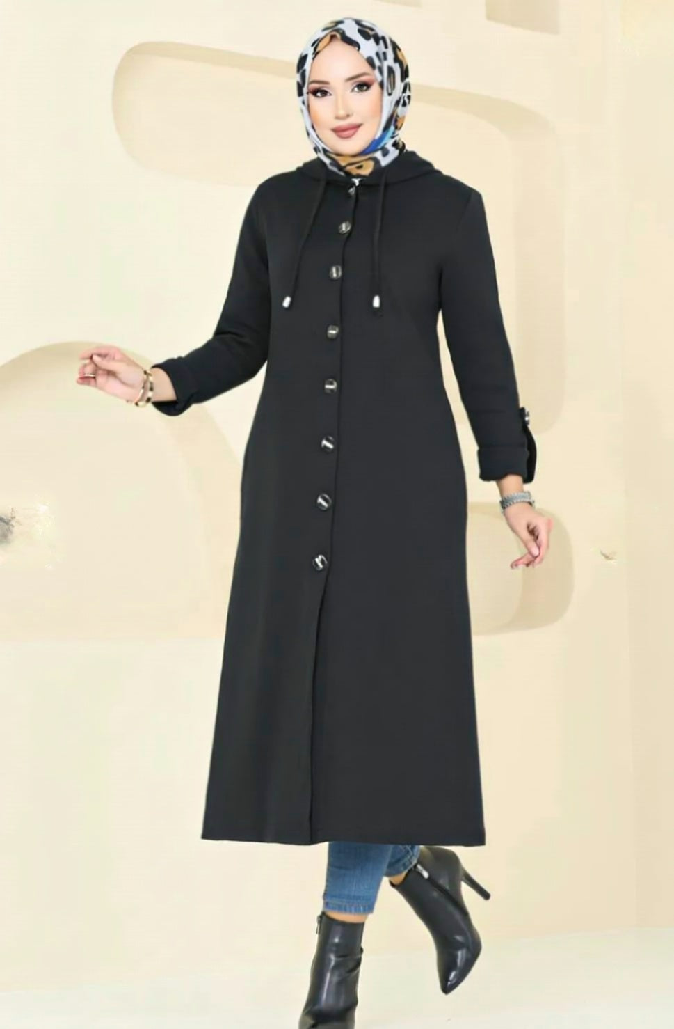 Turkish Long Sleeve Buttoned Overcoat Black - USA Hijab World