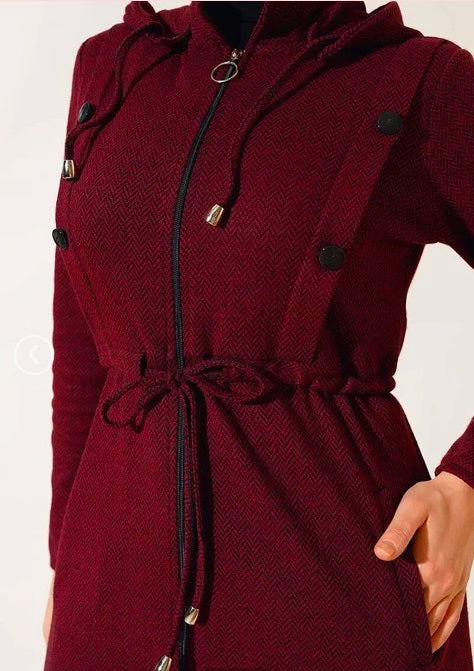 Turkish Hooded Zippered Winter Claret Abaya - USA Hijab World