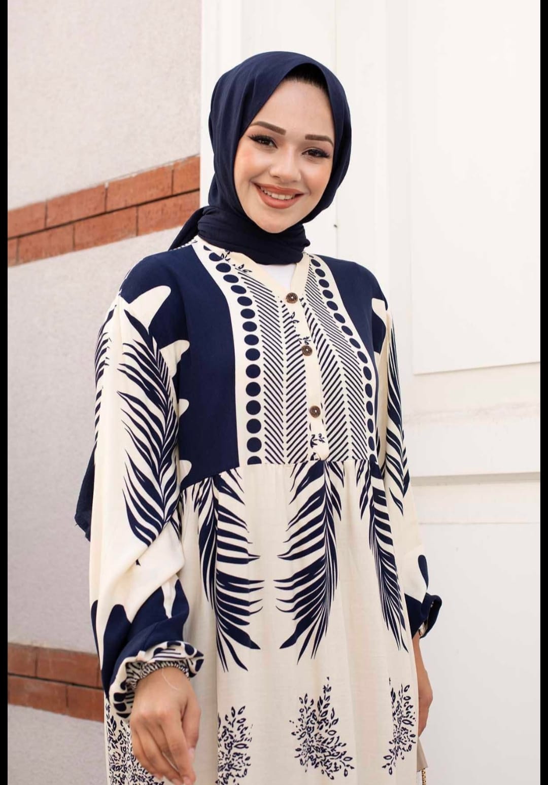 .Turkish Melike Patterned Viscous Dress Dark Blue - USA Hijab World