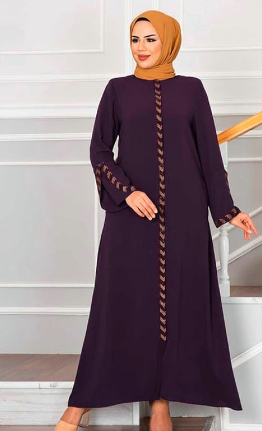 Turkish Stoned Long Zippered Silk Abaya Purple - USA Hijab World