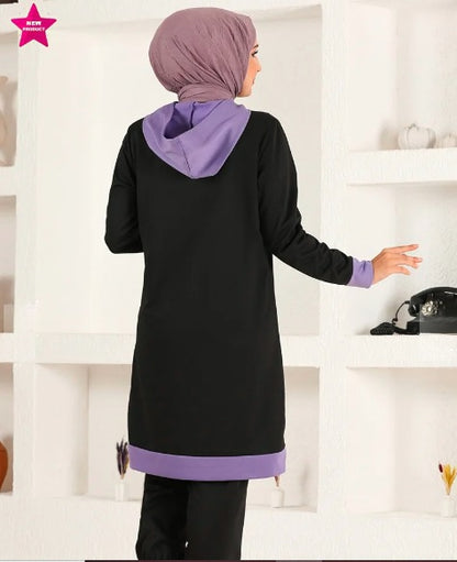 Turkish 2Pcs Hooded Long Sleeve Tunic Set Black Purple - USA Hijab World