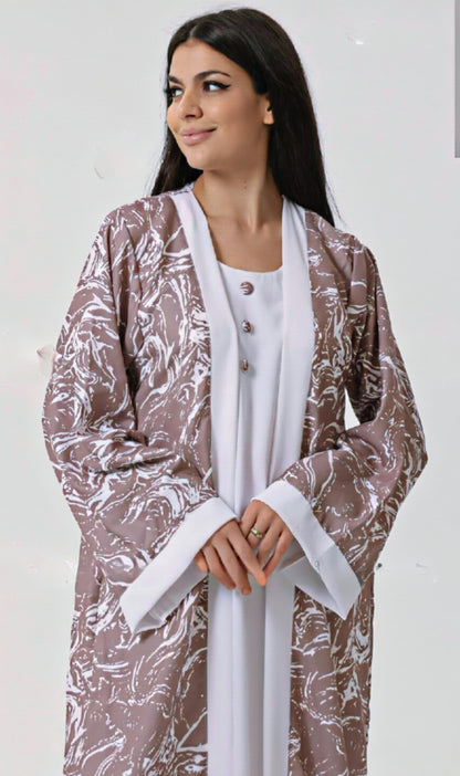 Dubai Shrug Abaya With Abstract Print In Brown - USA Hijab World