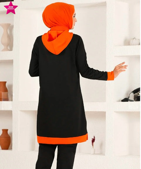 Turkish 2Pcs Hooded Long Sleeve Tunic Set Orange Black - USA Hijab World