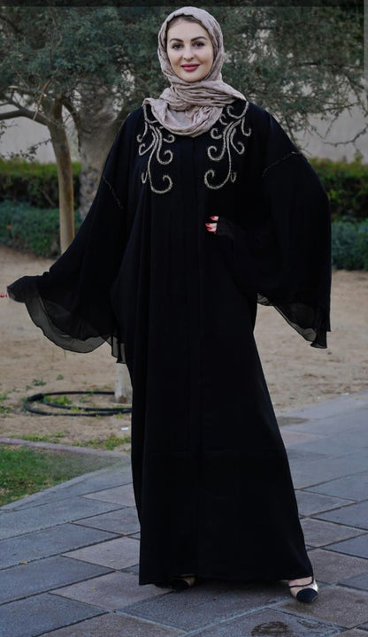 Front-Open Modest Abaya with Crystal Handwork on the Front and Shoulders in Black - USA Hijab World