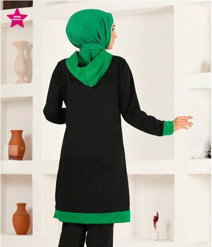 Turkish 2Pcs Hooded Long Sleeve Tunic Set Black Green - USA Hijab World