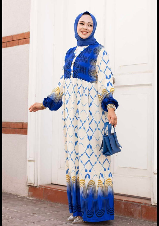 .Turkish Watery Patterned Viscous Dress Blue - USA Hijab World