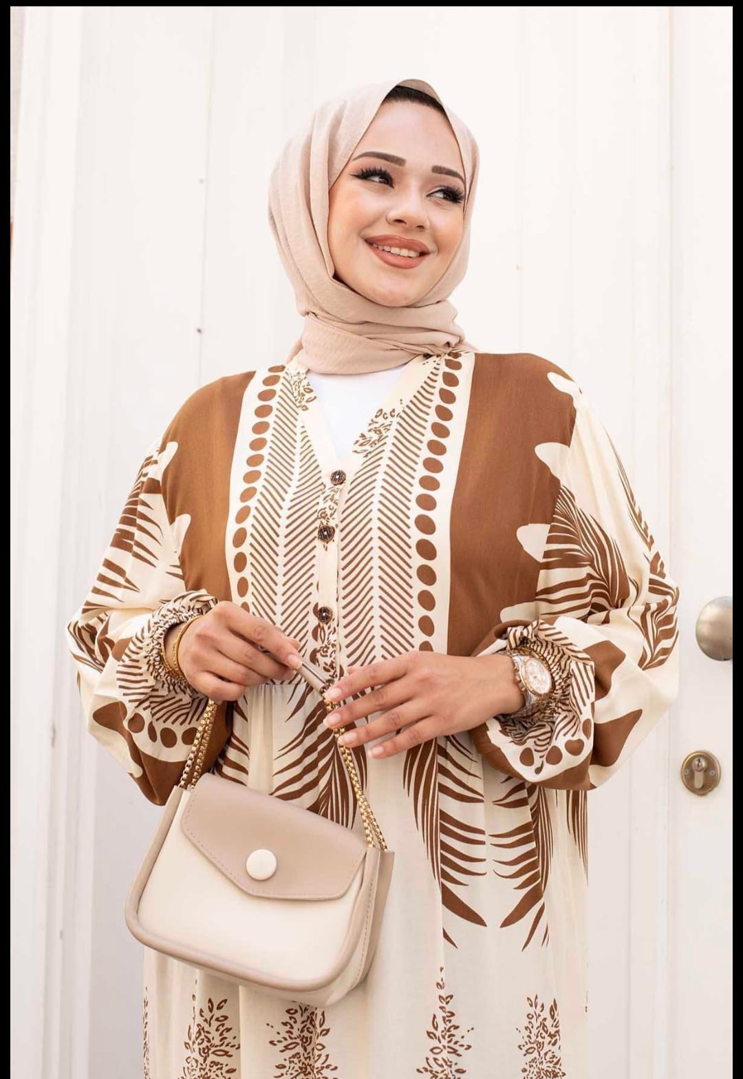 .Turkish Melike Patterned Viscous Dress Brown - USA Hijab World