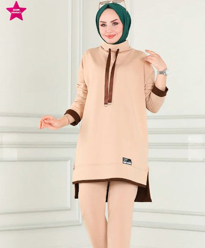 Turkish Tunnel 2 Piece Set Tunic + Pant Beige - USA Hijab World