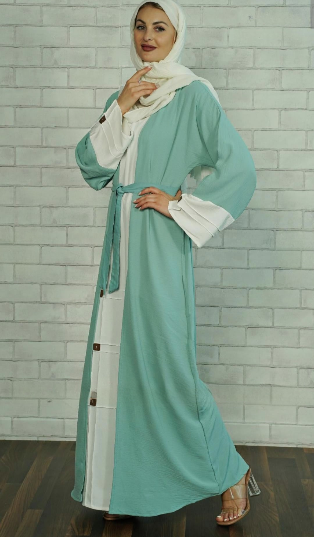 Dubai Long Sleeve open Abaya with Attached Cotton Long Basic Green - USA Hijab World