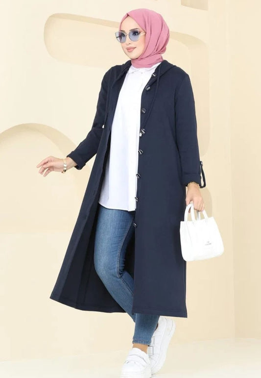 Turkish Long Sleeve Buttoned Overcoat Navy Blue - USA Hijab World