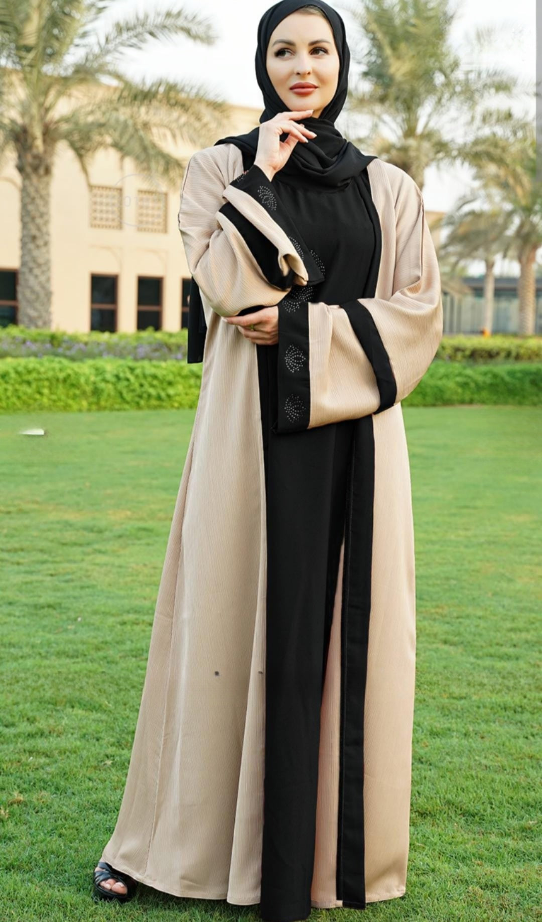 Masha Crepe Dark Maroon Abaya With an Attached Cream Shrug In CEY. - USA Hijab World