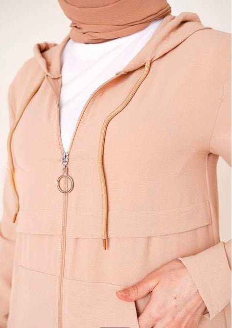 Turkish Long Sleeve Zippered Hooded Cap Beige - USA Hijab World